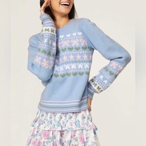 LoveShackFancy Zaheer Pullover Sweater Size M Knit Crew Neck Soft Cozy Blue